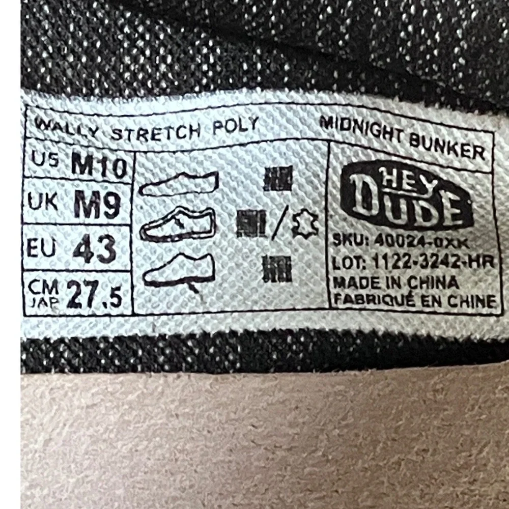 Hey Dude Wally Stretch Poly Midnight Bunker Mens 10 Black Grey Loafers 40024-0XK